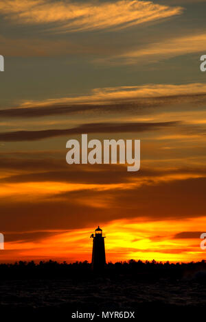 Manistique East Breakwater Lighthouse sunset, Lakeview Park, Manistique, Michigan Stock Photo