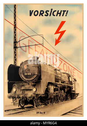 1930's German Steam Locomotive poster – German pre-war propaganda poster. Depicts a D.B. Pacific locomotive with the words “VORSICHT GEFAHRZONE” Railway Safety Propaganda Poster Locomotive vintage German Poster  'Attention! Danger Area' (Vorsicht! Gefahrzone).Germany Stock Photo