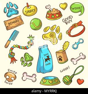 Dog stuff, hand drawn pet accessories, cartoon icons set, vector illustration Stock Vector