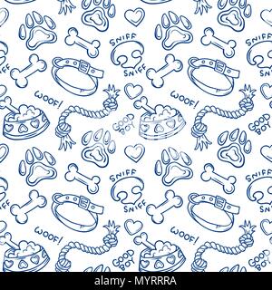 Dogs Stuff outline white icons, vector seamless pattern with a transparent background Stock Vector