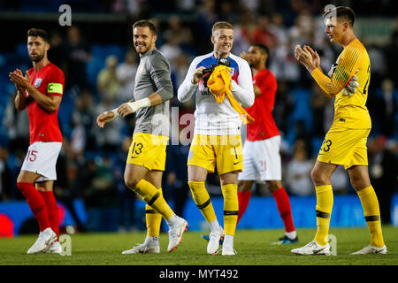 Leeds, UK. 7th Jun, 2018. Jack Butland of England, Jordan Pickford of England and Nick Pope of England after the International Friendly match between England and Costa Rica at Elland Road on June 7th 2018 in Leeds, England. (Photo by Daniel Chesterton/phcimages) Credit: PHC Images/Alamy Live News Stock Photo