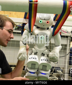 06 June 2018, Leipzig, Germany: In the robotics laboratory of the University of Applied Sciences HTWK in Leipzig, the computer science student Andreas Kluge of the Nao team control the soccer robots' software, running ability and real-time capability Participation in the World Cup 'RoboCub 2018' in Montreal (18.-22.06.2018). The student team is traveling to Canada with nine robot footballers and hoping for a football title at the World Cup of Intelligent Robots. Photo: Waltraud Grubitzsch/dpa-Zentralbild Stock Photo