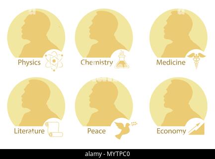 Set of stylized Nobel medals. Silhouette of Nobel in a flat style. Vector illustration. Stock Vector