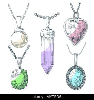 Hand drawn a set of pendants on a chain. Vector illustration of a sketch style. Stock Vector