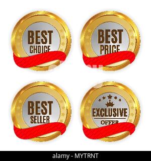 Best Price, Seller, Choice and Exclusive offer Golden Shiny Label with Red Ribbon Sign Collection Set. Vector Illustration EPS10 Stock Vector