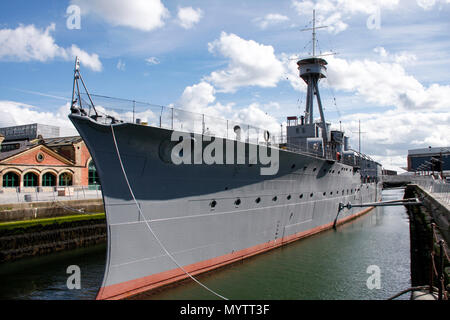 Bow view of HMS Caroline, a restored World War 1 battleship moored in Titanic Quarter, Belfast and the last survivor of the Battle of Jutland Stock Photo