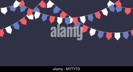 Seamless garland with celebration flags chain, white, blue, red pennons on dark background, footer and banner fireworks Stock Vector