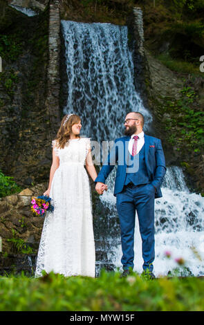 Bride and groom holding hands in front of a waterfall Stock Photo