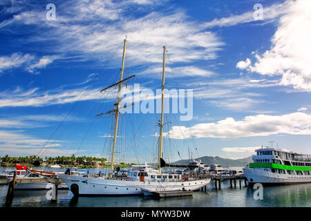 Boats anchored at Denarau port, Viti Levu, Fiji. Denarau Island is the largest integrated resort in the South Pacific. Stock Photo