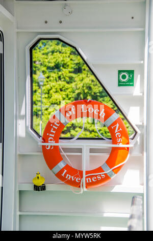 Safety ring from The Spirit of Loch Ness catamaran cruise Loch Ness. Stock Photo