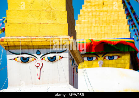 (Selective focus) Wisdom eye on a Swayambhunath Stupa also known as Monkey Temple. Swayambhunath Stupa is an ancient religious architecture atop a hil Stock Photo