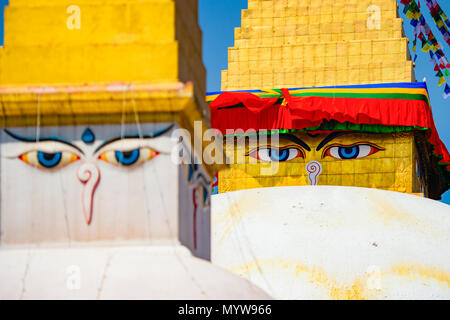 (Selective focus) Wisdom eye on a Swayambhunath Stupa also known as Monkey Temple. Swayambhunath Stupa is an ancient religious architecture atop a hil Stock Photo