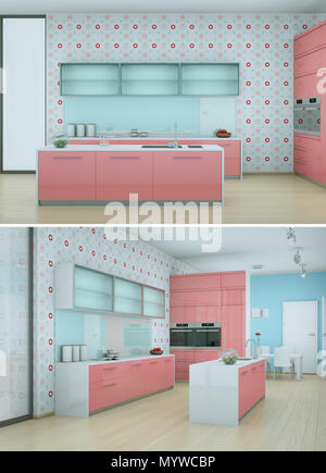 Modern Living Room design - pink sofa, pillow and table, wooden floor ...