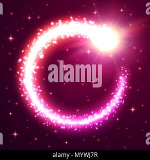 Glowing vortex background with particles and shooting star. Festive pink and violet frame. Celebrating magic light abstract comet tail circle. Border with cosmic meteor. Holiday vector illustration. Stock Vector
