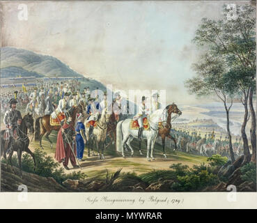 . Deutsch: Erzherzog Franz, der spätere Kaiser Franz II. / I., rückt zusammen mit General-Feldmarschall Baron Laudon an der Spitze des Heeres vom Berg Avala gegen Belgrad vor. Lithographie von Franz Wolf nach einer Vorlage von Johann Nepomuk Hoechle, aus der Serie „Hauptmomente aus dem Leben Sr. Majestät Franz I.“;  . 1 January 1835.   Johann Nepomuk Hoechle  (1790–1835)    Alternative names Johann Nepomuk Höchle; J. N. Höchle; J. jun. Höchle; Johann Nepomuk Höchle jun.; Johann N. Höchle; hochle j.; Johann Nep. Höchle  Description German painter and composer  Date of birth/death 16 September 1 Stock Photo