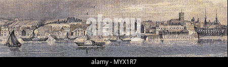 . English: View of Woolwich and the river Thames from the north. Detail of an engraving by Richard Rixon. The tall stuccoed building is the Nile Tavern on Hog Lane. Nearby two so-called Watermen's Stairs: the Green Dragon Stairs at the end of Hog Lane (later Nile Street). Further east the Bell Water Gate Stairs. To the right the parish church of St Mary Magdalene and Woolwich Dockyard.  . 15 March 2017, 19:05:09. Richard Rixon, 1841 25 View of Woolwich, 1841 (R. Rixon) Stock Photo
