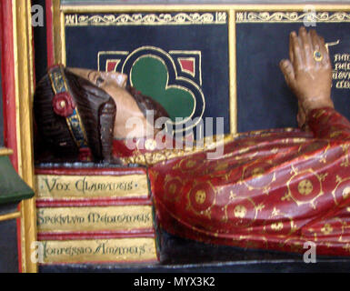 . English: Detail from tomb of John Gower in Southwark Cathedral, Southwark, London, England. The head of the effigy rests on three books. Gower wrote Vox Clamantis in Latin, Speculum Meditantis in French and Confessio Amantis in English. Photographed by Karen Townsend in 2006.  . 29 June 2006, 04:24:49. Photo shows detail of John Gower's tomb. Wikimedia already has photo of entire tomb. Approximate date is early 15th century. 100 Tomb-books Stock Photo
