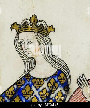 . Français : Jeanne II de Bourgogne, comtesse de Bourgogne, reine de France et de Navarre (épouse de Philippe V de le Long, roi de France). Détail d'une enluminure tirée du 'Breviculum seu electorium parvum' de Thomas le Myésier, Karlsruhe, Badische Landesbibliothek, St. Peter perg. 92, fol. 12r English: Joan II, Countess of Burgundy, Queen of France and Navarre, (wife of King Philip V of France). Miniature (detail) from 'Breviculum seu electorium parvum' of Thomas le Myésier, Karlsruhe, Badische Landesbibliothek, St. Peter perg. 92, fol. 12r  . circa 1325. Unknown early 14th-century artist, m Stock Photo