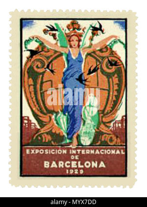 . English: Spanish non-postal 'cinderella' stamp, promoting the Barcelona International Exposition of 1929.  . 1929. Unknown 5 Spain-Cinderella Stamp-1929 Barcelona Expo Stock Photo