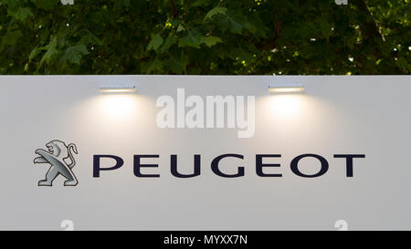 Turin, Italy. 07th June, 2018. Peugeot logo. 2018 edition of Parco Valentino car show hosts cars by many automobile manufacturers and car designers inside Valentino Park in Torino, Italy Credit: Marco Destefanis/Pacific Press/Alamy Live News Stock Photo