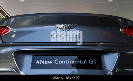 Turin, Italy. 07th June, 2018. Detail of Bentley Continental GT. 2018 edition of Parco Valentino car show hosts cars by many automobile manufacturers and car designers inside Valentino Park in Torino, Italy Credit: Marco Destefanis/Pacific Press/Alamy Live News Stock Photo