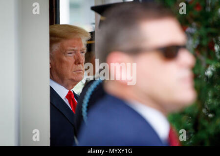 Washington, United States. 07th June, 2018. President Donald Trump waits for the arrival of Japanese Prime Minister Shinzo Abe prior to a bilateral meeting at the White House. Credit: Michael Candelori/Pacific Press/Alamy Live News Stock Photo