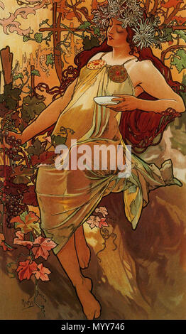 . English: Art Nouveau illustration by Alfons Mucha  . Late 19th or early 20th century. Alfons Mucha 72 Mucha 16 Stock Photo