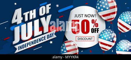 50 per cent off sale banner with balloons for Independence day. Just now offer of half price discount. Template for your design, card and flyer, poster for 4th of July in USA. Vector illustration. Stock Vector