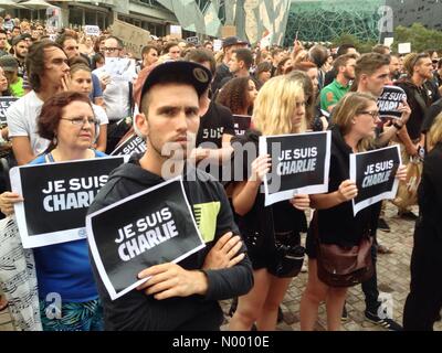 About three thousands people gathered at Federation square in Melbourne to show support to the French newspaper Charlie Hebdo - Melbourne, Victoria, Australia - 2015.01.08 - Stock Photo