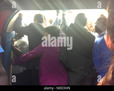 London, UK. 8th July 2015. Commuters pack into the London Underground Jubilee Line at Canary Wharf to get home ahead of the 24 hour strike called by members of the London Underground Unions. Credit:  David Horn / StockimoNews/Alamy Live News Stock Photo