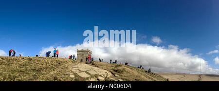 UK Weather sunny morning for Good Friday at Rivington Pike in Lancashire. Families making the annual Good Friday walk to the top of the Pike. Stock Photo