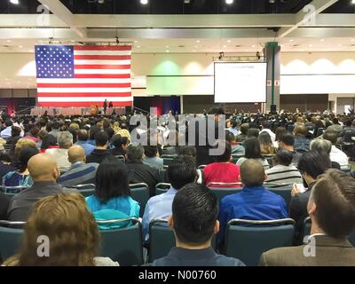 S Figueroa St, Los Angeles, California, USA. 18th May, 2016. Applicants waiting in the West Hall of the Los Angeles Convention Center to be sworn in as US citizens. Credit:  Homi Hormasji/StockimoNews/Alamy Live News