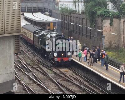 London, UK. 18th June, 2016. Locomotive number 34052 'Lord Dowding' prepares to leave London Victoria station with the British Pullman to Guildford and return. Credit:  Jonathan Byrne/StockimoNews/Alamy Live News Stock Photo