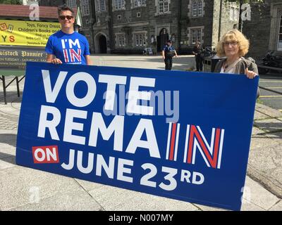 Tavistock, Devon, UK. 23rd June, 2016. Campaigners for Remain in the EU referendum holding a big &quot;Vote Remain on June 23rd&quot; billboard outside Tavistovk Town Hall on the day of the referendum. 23/06/2016. Devon, England Credit:  Josie Elias/StockimoNews/Alamy Live News Stock Photo