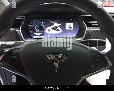 Paris,France. 29th September, 2016: detail of digital instruments on dash on a Tesla Model X all electric car on display at Paris Motor Show Credit:  highbrow / StockimoNews/Alamy Live News Stock Photo