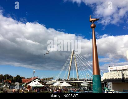 UK weather: Sunny autumn day in Southport. Pier and Marine Way bridge. Stock Photo