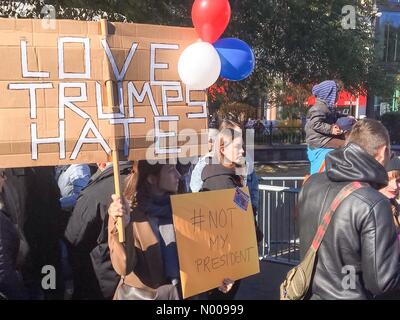 E 14th St, New York, USA. 12th Nov, 2016. Protester with &quot;Love Trumps Hate&quot; sign at Union Square rally and march, New York, NY, 11/12/2016 Credit:  BumbyPix/StockimoNews/Alamy Live News Stock Photo