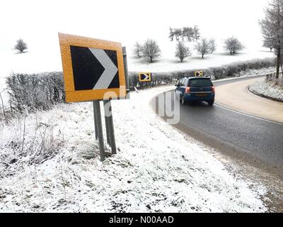 UK Weather Snow on the A44 road in the Cambrian mountains of Mid Wales Stock Photo