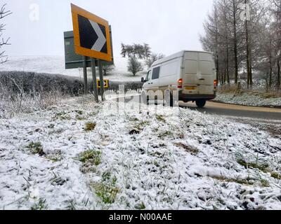 UK Weather Snow on the A44 road in the Cambrian mountains of Mid Wales Stock Photo