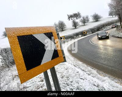 UK Weather Snow on the A44 road in the Cambrian mountains of Mid Wales Stock Photo