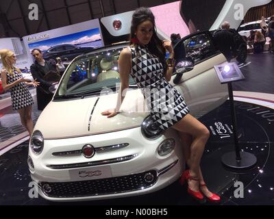 Geneva, Switzerland. 7th March, 2017. Model poses on Fiat 500 car at the Geneva Motor Show 2017. Credit: highbrow / StockimoNews/Alamy Live News Stock Photo