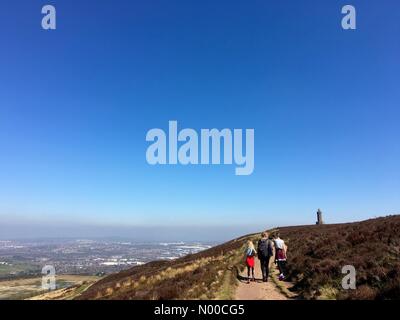 UK weather: Sunny day in Blackburn, Lancashire. Blue sky above Darwen Tower on the moors above Blackburn Stock Photo