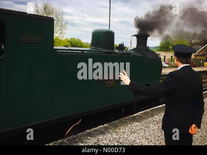 Matlock, UK. 29th Apr, 2017. UK weather 29 April 2017 - Steam train at Peak Rail on Matlock Railway Station Derbyshire UK. Forecast is for cool and cloudy weather. Credit: Robert Morris/StockimoNews/Alamy Live News Stock Photo