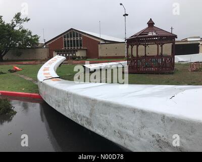 General Pershing Blvd, Oklahoma City, Oklahoma, USA. 29th Apr, 2017. Mini St. Louis arch at Oklahoma City fairgrounds blown over by 100mph Winds in severe storm. Credit: Jazz Bishop/StockimoNews/Alamy Live News Stock Photo