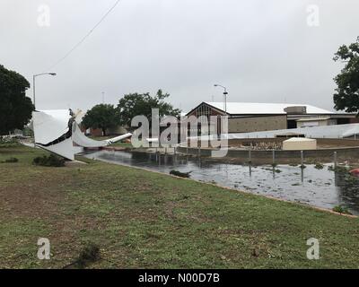 General Pershing Blvd, Oklahoma City, Oklahoma, USA. 29th Apr, 2017. Mini arch of St. Louis blown over by high winds as severe weather hits Oklahoma City. Credit: Jazz Bishop/StockimoNews/Alamy Live News Stock Photo