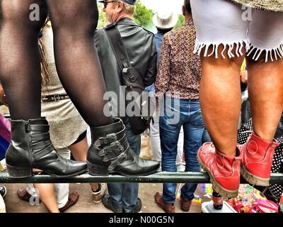 Revellers stand on the metal bars of a bridge as they watch the Amsterdam gay pride boat procession Stock Photo