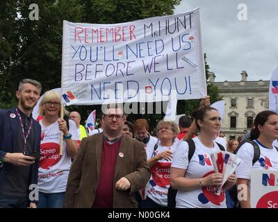 London, UK. 06th Sep, 2017. Thousands of nurses, healthcare workers and members of the public gathered in Parliament Sq today to protest against the governments pay cap, the largest rally organized by the nurses union the RCN Credit: Bridget1/StockimoNews/Alamy Live News Stock Photo