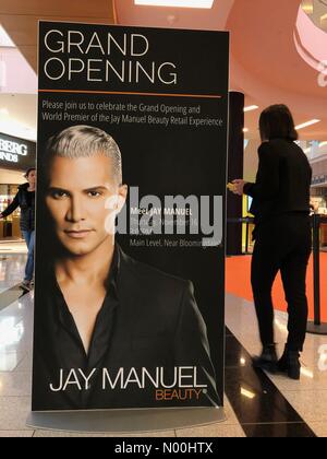 Garden City, New York, USA. 16th Nov, 2017. Shopper walks by sign about JAY MANUEL, makeup artist, at Roosevelt Field Mall to celebrate Grand Opening, World Premier of Jay Manuel Beauty Retail Experience. Exclusively in Simon properties. Credit: aparry/StockimoNews/Alamy Live News Stock Photo