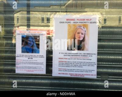 Southampton, UK. 17th Nov, 2017. Posters appealing for information about Gaia Pope, in glass window of Southampton shop. Credit: Paulo/StockimoNews/Alamy Live News Stock Photo