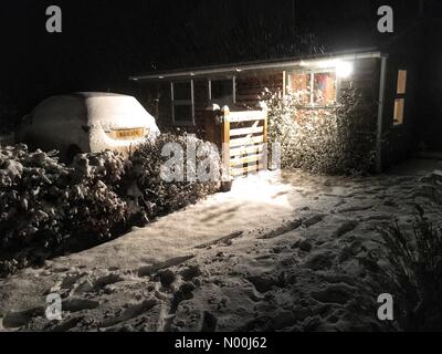 UK Weather- Overnight snow in Herefordshire - Titley Herefordshire Sunday 10th December 2017, Deep snow at 05.45AM with more still falling as dawn approaches. Credit: Steven May/StockimoNews/Alamy Live News Stock Photo
